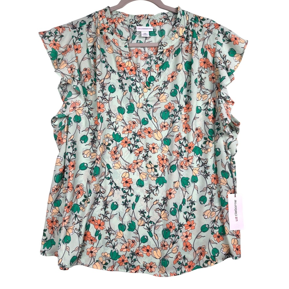 Liz Claiborne Blouse Womens 2X Plus Floral Chiffon Flutter Sleeve NWT